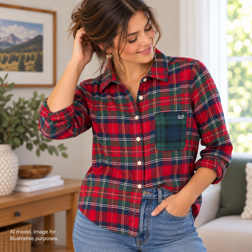 Vineyard Vines Shirt Women XS Red Tartan Black Watch Contras Pocket Flannel TAGS